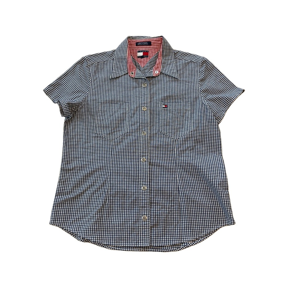 Tommy Hilfiger Womens Shirt Size 12 Blue Check Gingham Short Sleeve Button Up